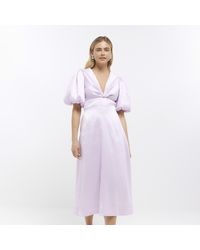 River Island - Purple Puff Sleeve Twist Front Midi Dress - Lyst