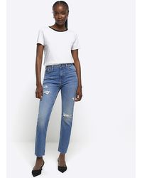 River Island - Blue High Waisted Slim Fit Ripped Jeans - Lyst