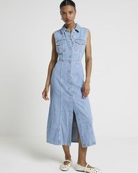 River Island - Blue Denim Midi Shirt Dress - Lyst