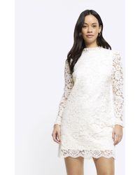River Island - Cream Lace Shift Mini Dress - Lyst