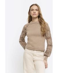 River Island - Brown Lace Long Sleeve Jumper - Lyst