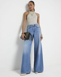 River Island - Blue Mid Rise Elastic Back Palazzo Jeans - Lyst