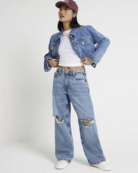 River Island - Petite Blue Ripped Relaxed Straight Jeans - Lyst