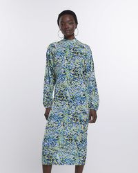 River Island - Blue Floral Long Sleeve Midi Dress - Lyst