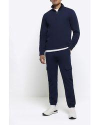 River Island - Navy Slim Fit Smart Cargo Joggers - Lyst