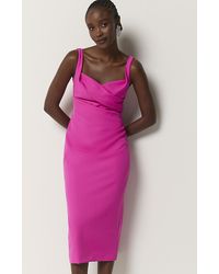 River Island - Pink Ruched Open Back Bodycon Midi Dress - Lyst