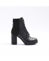 River Island - Black Lace Up Heeled Ankle Boots - Lyst