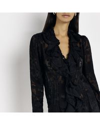 River Island - Black Floral Frill Long Sleeve Blouse - Lyst