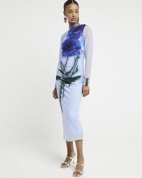 River Island - Blue Mesh Floral Bodycon Midi Dress - Lyst