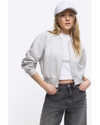 River Island - Petite Grey Cropped Bomber Jacket - Lyst