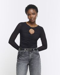 River Island - Black Ruched Cut Out Long Sleeve Top - Lyst