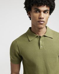 River Island - Green Slim Fit Textured Knit Polo - Lyst