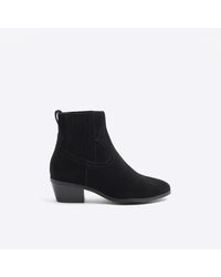 River Island - Black Suede Western Ankle Boots - Lyst