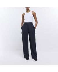 River Island - Navy Striped Wide Leg Cargo Trousers - Lyst
