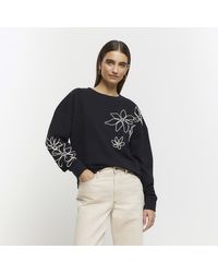 River Island - Black Embroidered Floral Sweatshirt - Lyst