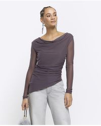 River Island - Grey Mesh Ruched Long Sleeve Top - Lyst