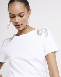 River Island - White Diamante Embellished T-shirt - Lyst