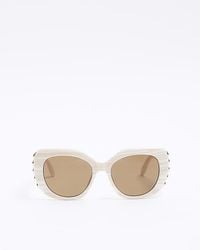 River Island - Cream Embellished Square Sunglasses - Lyst