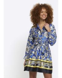 River Island - Blue Floral Belted Mini Shirt Dress - Lyst