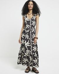 River Island - Brown Floral Frill Sleeve Swing Maxi Dress - Lyst