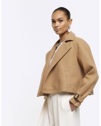 River Island - Brown Faux Wool Crop Trench Coat - Lyst