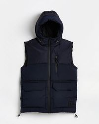 River Island Navy Patch Pocket Hooded Puffer Gilet - Blue