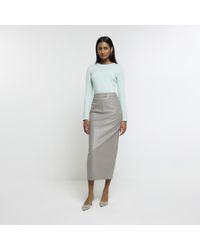 River Island - Grey Faux Leather Tailored Midi Skirt - Lyst