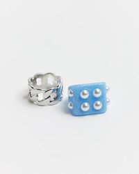 River Island Silver Cut Out Resin Rings 2 Pack - Blue