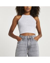 River Island - Grey Cropped Racer Vest Top - Lyst