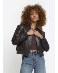 River Island - Brown Faux Leather Crop Bomber Jacket - Lyst