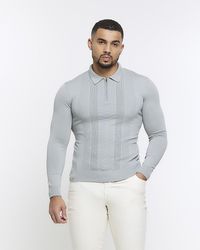 River Island - Grey Muscle Texture Knit Long Sleeve Polo - Lyst