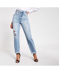 River Island Blue Ripped Carrie High Rise Mom Jeans