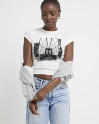 River Island - White Graphic Embellished Crop T-shirt - Lyst