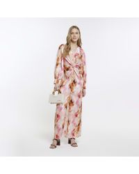 River Island - Pink Marble Print Twist Front Midi Dress - Lyst