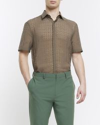 River Island - Brown Lace Floral Detail Short Sleeve Shirt - Lyst