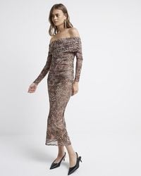 River Island - Brown Leopard Print Mesh Bardot Midi Dress - Lyst