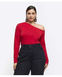 River Island - Plus Red Off Shoulder Long Sleeve Top - Lyst