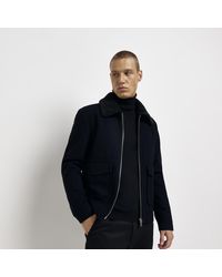 River Island - Navy Borg Collar Zip Up Wool Blend Jacket - Lyst