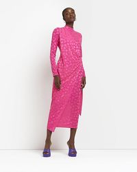 River Island - Pink Animal Print Satin Wrap Midi Dress - Lyst