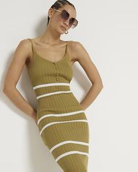 River Island - Khaki Knit Stripe Bodycon Midi Dress - Lyst