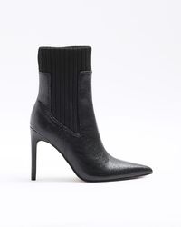 River Island - Black Knit Detail Heeled Ankle Boots - Lyst