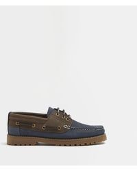 River Island - Navy And Brown Leather Cleated Boat Shoes - Lyst