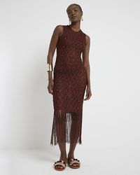 River Island - Brown Crochet Fringe Hem Bodycon Midi Dress - Lyst