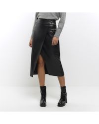 River Island - Faux Leather Wrap Midi Skirt - Lyst