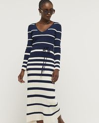 River Island - Ribbed Stripe Belted Bodycon Midi Dress - Lyst