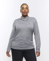 River Island - Plus Grey Ruched Side Long Sleeve Top - Lyst