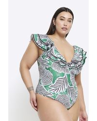 River Island - Frill Plunge Swimsuit - Lyst