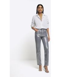 River Island - Silver Slim Straight Coated Jeans - Lyst