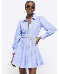 River Island - Blue Stripe Belted Mini Shirt Dress - Lyst