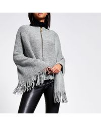 River Island Asymmetric Zip Front Knitted Cape - Gray